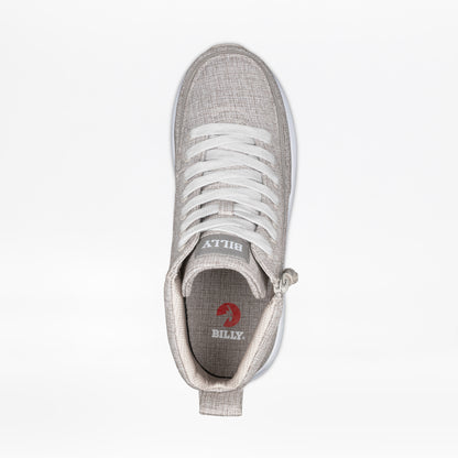 Top view of the Men's Grey Jersey BILLY Goat Classic High by BILLY Footwear: a light gray wide men's shoe with white laces, side zipper, "BILLY" on tongue and insole, plus a stylish red goat logo on the insole.