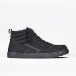 The Men's Black to the Floor BILLY CS High by BILLY Footwear is a black high top sneaker with a textured sole, lace-up front, signature Full Wrap Zipper, padded ankle collar, and geometric designs, shown on a white background.