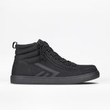 The Men's Black to the Floor BILLY CS High by BILLY Footwear is a black high top sneaker with a textured sole, lace-up front, signature Full Wrap Zipper, padded ankle collar, and geometric designs, shown on a white background.