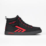 The Men's CS High by BILLY Footwear is a black/red high top sneaker for men, featuring red side stripes, stitching, eyelets, and text, a wraparound side zipper detail, and a flat black sole with red dot pattern near the heel.