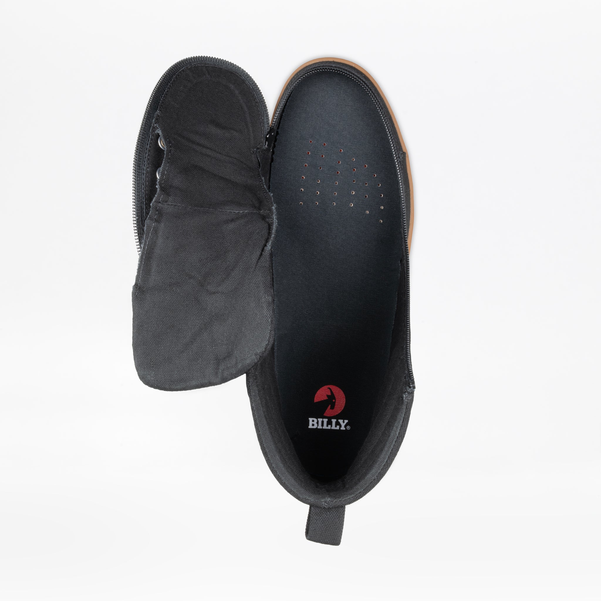 Top view of the Men's Black/Gum BILLY CS High sneaker by BILLY Footwear with the upper unzipped, showing the insole with a red BILLY logo, brown gum sole, and a pull tab at the heel.
