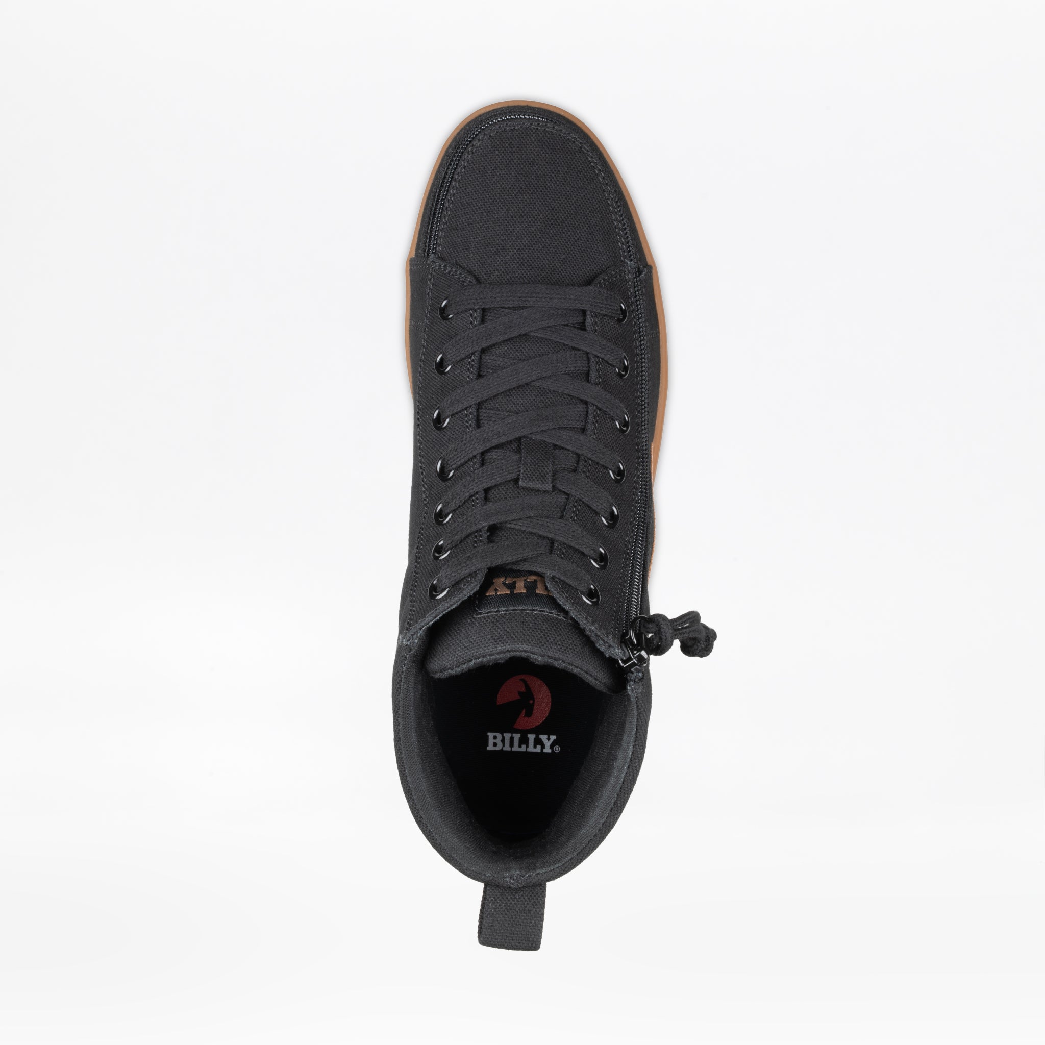 A Men's Black/Gum BILLY CS High sneaker by BILLY Footwear viewed from above, showcasing black laces, a brown gum sole edge, side zipper, and a visible BILLY Shoes logo on the insole against a plain white background.
