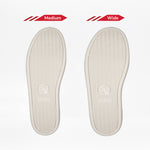 Two beige insoles, labeled Medium and Wide, are shown side by side to highlight the fit difference for wide width Women's White/Black BILLY CS High sneakers by BILLY Footwear.