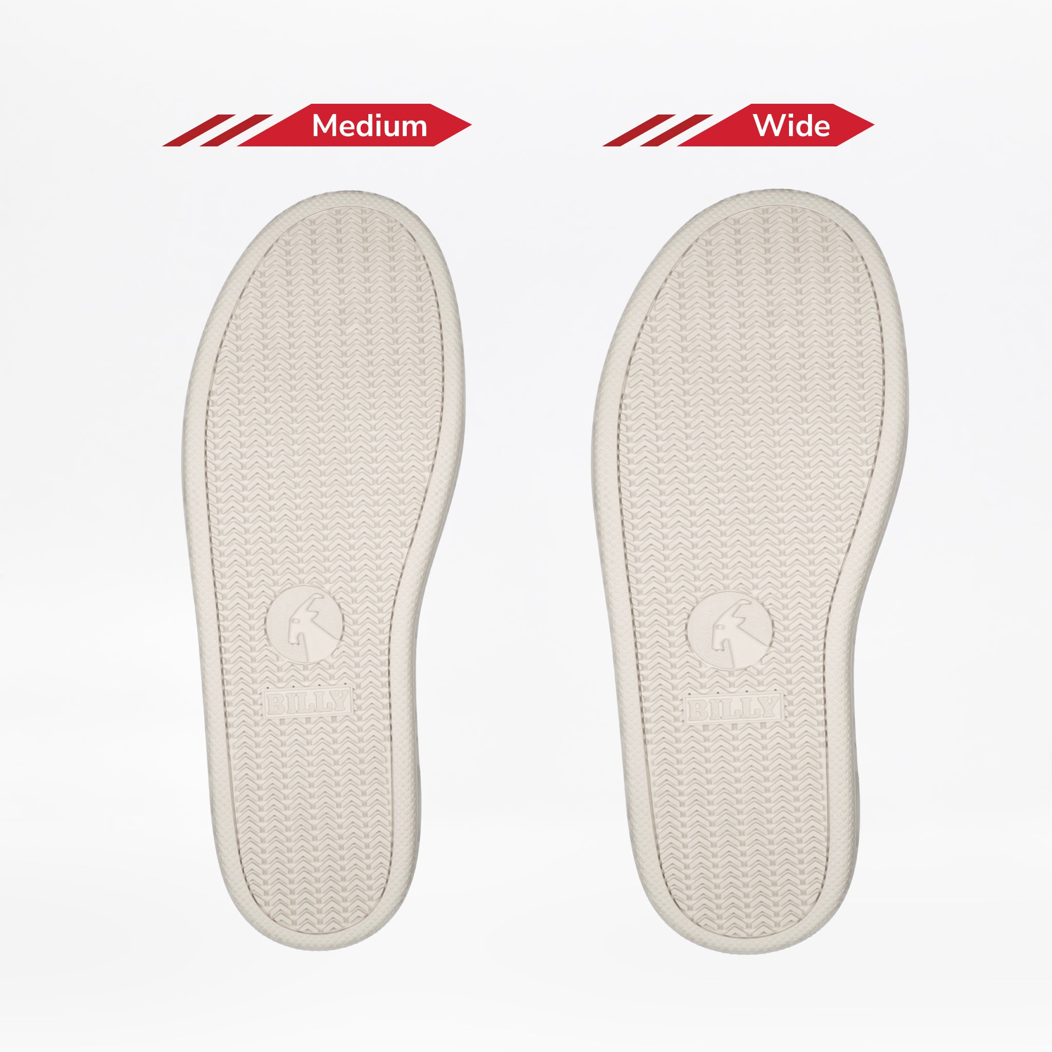 Two beige insoles, labeled Medium and Wide, are shown side by side to highlight the fit difference for wide width Women's White/Black BILLY CS High sneakers by BILLY Footwear.