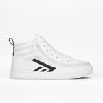 The Men's White/Black BILLY CS High by BILLY Footwear is a men's white high top sneaker with black geometric accents, white laces and sole, plus a full wrap zipper for easy access, shown on a plain white background.