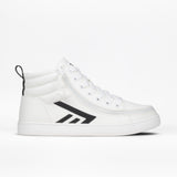 The Men's White/Black BILLY CS High by BILLY Footwear is a men's white high top sneaker with black geometric accents, white laces and sole, plus a full wrap zipper for easy access, shown on a plain white background.