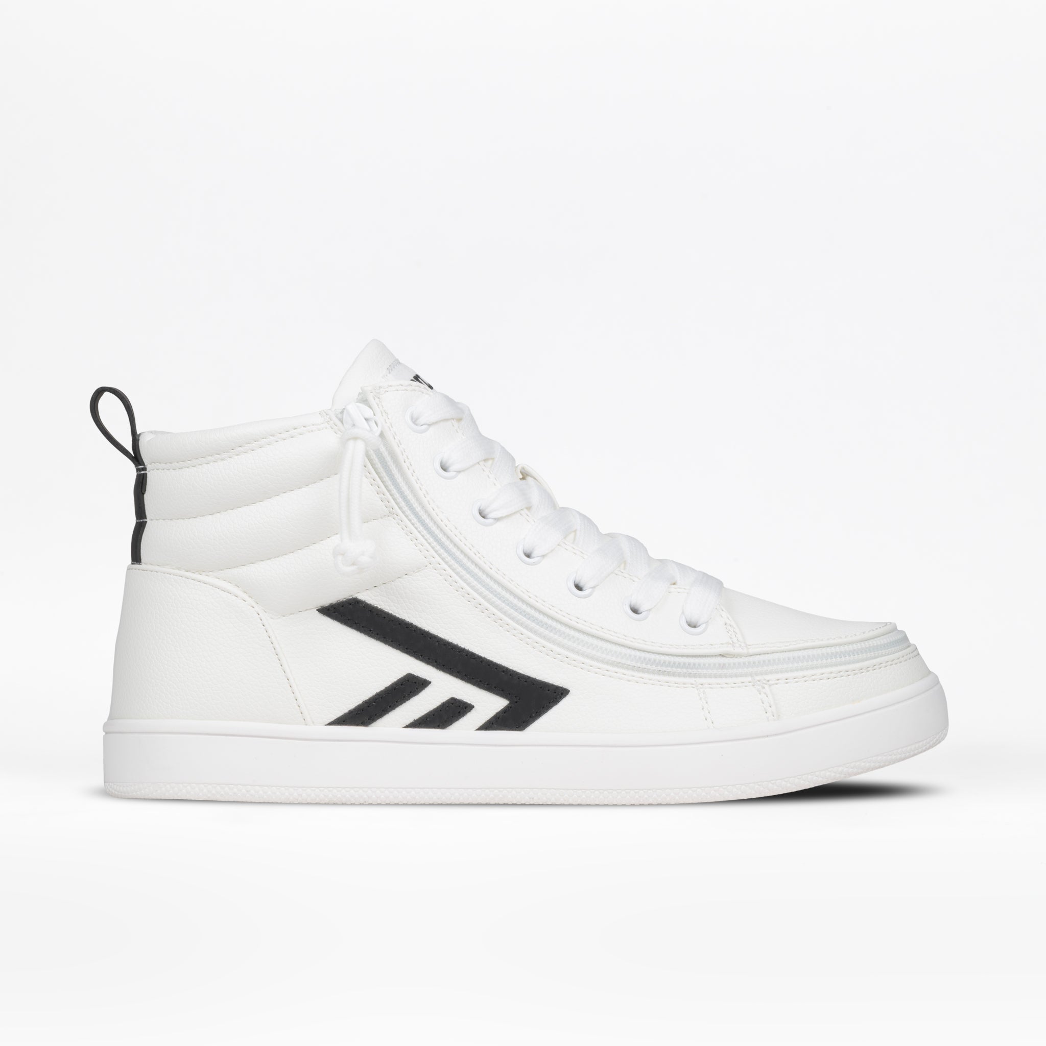 The Men's White/Black BILLY CS High by BILLY Footwear is a men's white high top sneaker with black geometric accents, white laces and sole, plus a full wrap zipper for easy access, shown on a plain white background.