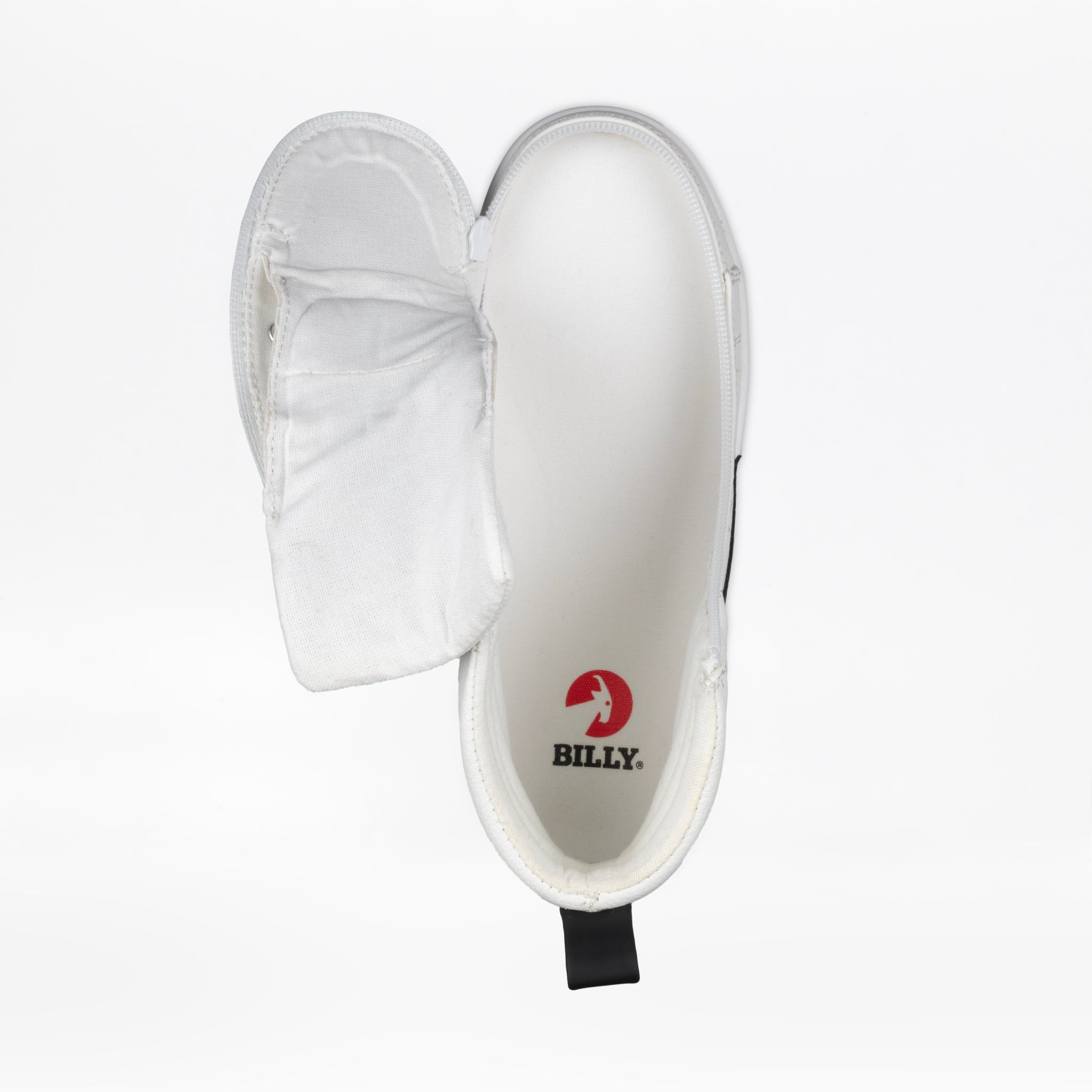 The Women's White/Black BILLY CS High by BILLY Footwear is a step-in sneaker with an unzipped upper showing the red Billy logo inside. Designed for easy wear, it's available in wide width options.