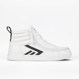 The BILLY Footwear Women's White/Black BILLY CS High is a wide width high top sneaker with black accents, a side zipper, padded ankle collar, black heel pull tab, and chevron design, shown on a white background.