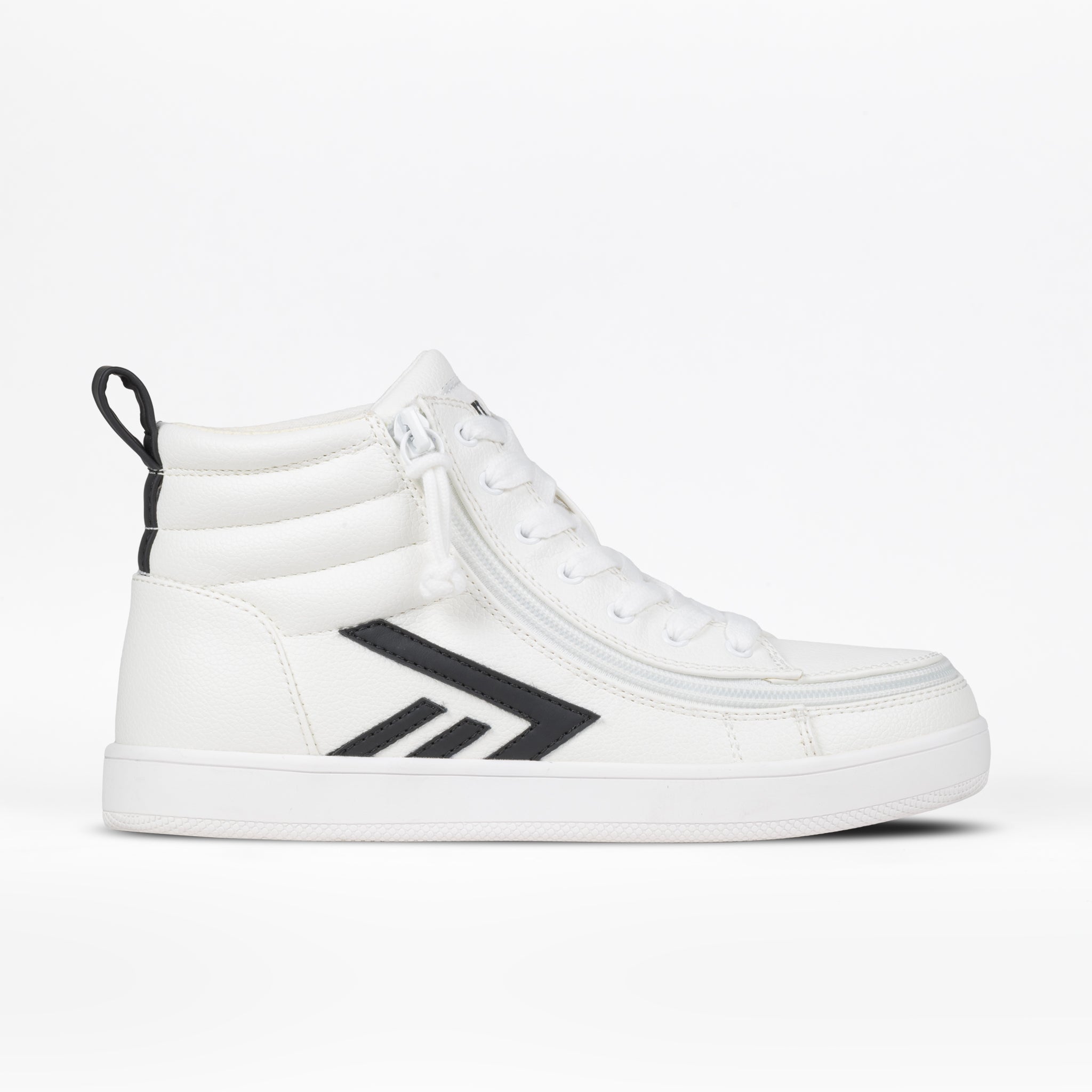 The BILLY Footwear Women's White/Black BILLY CS High is a wide width high top sneaker with black accents, a side zipper, padded ankle collar, black heel pull tab, and chevron design, shown on a white background.