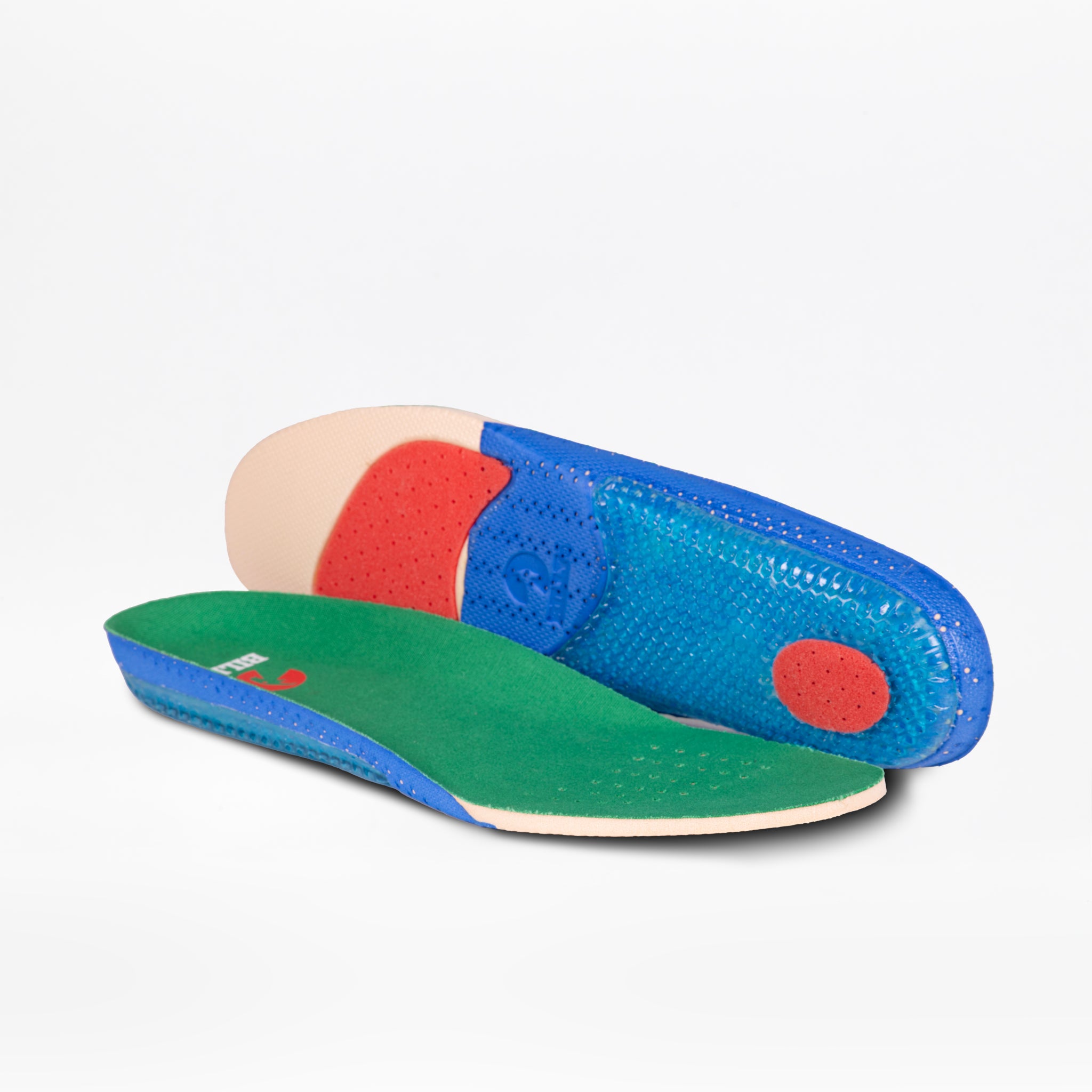 Two BILLY Footwear Men’s Green/White BILLY CS High orthopedic insoles are shown—one flat, one propped to show the underside. The insoles feature green, blue, red, and beige sections with textured surfaces and perforations.