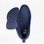 The Men's Navy/White BILLY CS High by BILLY Footwear is a navy blue high top sneaker with a full wrap zipper, opened to show the interior and insole. A red BILLY logo appears at the heel, and the shoe is displayed on a white background.