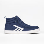 The BILLY Footwear Men's Navy/White BILLY CS High features a white sole, a white geometric side design, and a full wrap zipper, shown in profile against a plain white background.