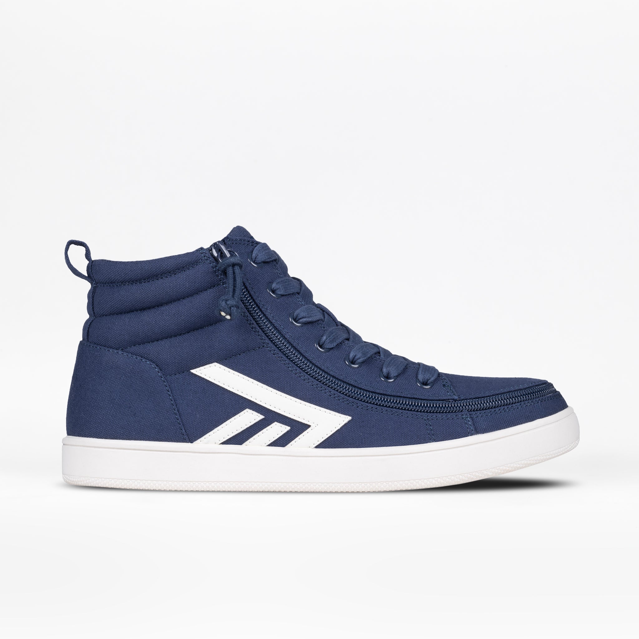 The BILLY Footwear Men's Navy/White BILLY CS High features a white sole, a white geometric side design, and a full wrap zipper, shown in profile against a plain white background.