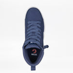 Top view of a Men's Navy/White BILLY CS High by BILLY Footwear, featuring laces, a partially open full wrap zipper, and insole branding. The step-in high top sneaker is displayed on a plain white background.