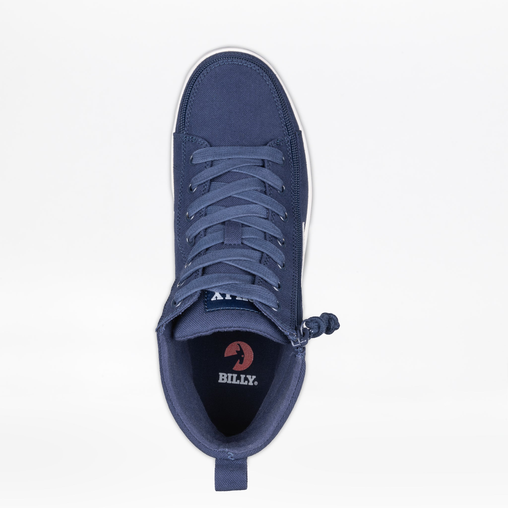 Top view of a Men's Navy/White BILLY CS High by BILLY Footwear, featuring laces, a partially open full wrap zipper, and insole branding. The step-in high top sneaker is displayed on a plain white background.