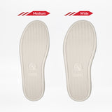 Two beige insoles for the Men's Navy/White BILLY CS High by BILLY Footwear are shown side by side—one labeled Medium, the other Wide—highlighting width differences for customizing fit in these high top sneakers.