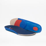 Two blue insoles—one flat, one propped to reveal red and beige textured soles—are shown on a white background. Ideal for Men's Navy/White BILLY CS High sneakers from BILLY Footwear.