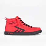 The BILLY Footwear Men's CS High is a red high top sneaker with black laces, sole, and accents, “Heck Yeah!” embroidery near the ankle, and geometric side patterns—a stylish and comfortable skate shoe.