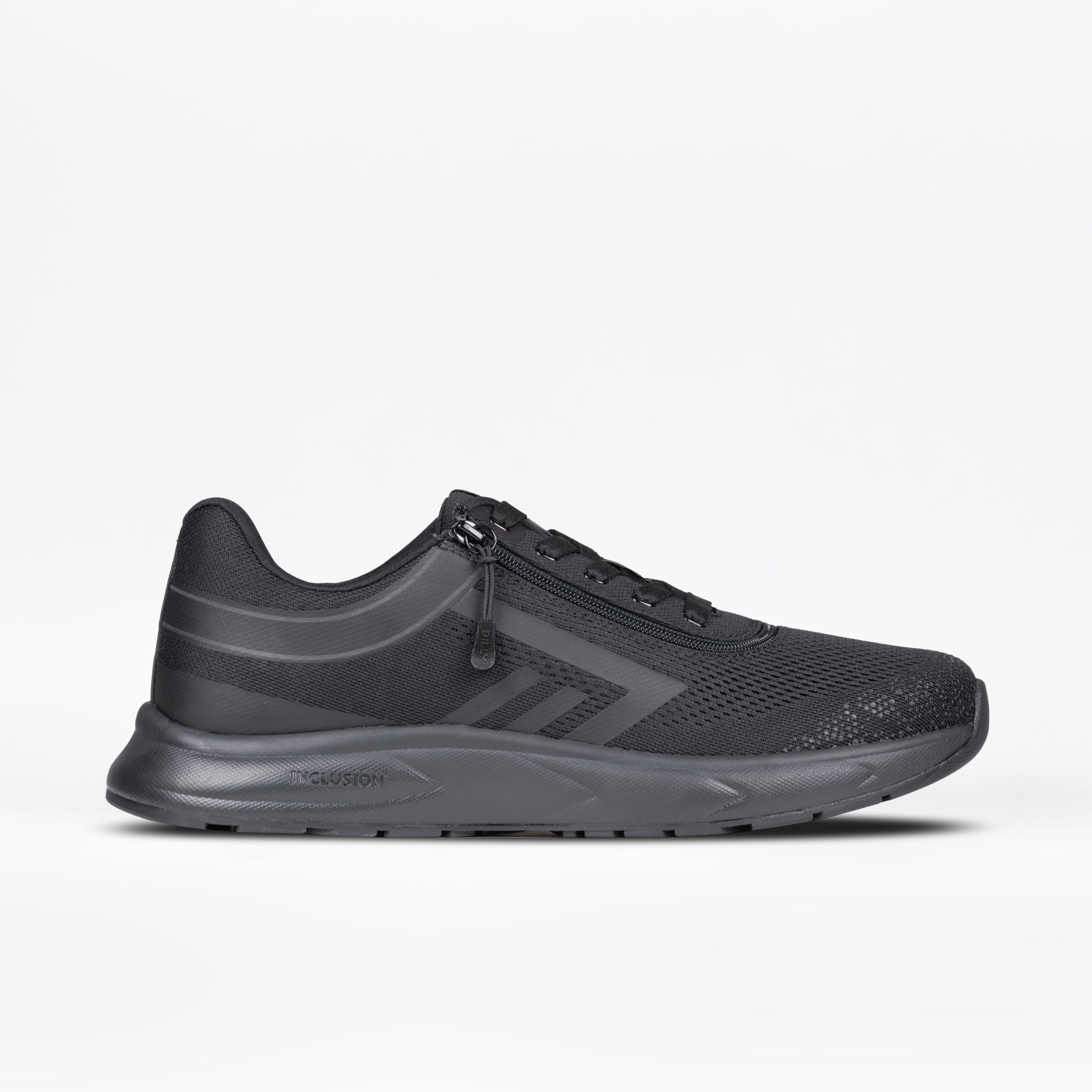 The Men's Black to the Floor BILLY Sport Inclusion by BILLY Footwear is a black low-cut athletic zipper shoe with lace-up closure and subtle geometric side accents, shown on a plain white background.