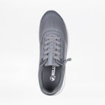 Top view of a Men's Charcoal BILLY Sport Inclusion by BILLY Footwear, featuring mesh fabric, lace-up front, a side zipper for easy access, and an insole with white BILLY branding on black—an inclusive sneaker for men.