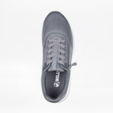 Top view of a Men's Charcoal BILLY Sport Inclusion by BILLY Footwear, featuring mesh fabric, lace-up front, a side zipper for easy access, and an insole with white BILLY branding on black—an inclusive sneaker for men.