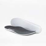 Two orthotic insoles are shown on a white background. Their contoured black top and smooth white underside offer comfort and support, as featured in the Men's Charcoal BILLY Sport Inclusion by BILLY Footwear.