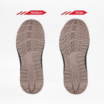 Two taupe Men's BILLY Inclusion Trail Boot soles from BILLY Footwear are displayed side by side on a white background, with the left labeled Medium and the right labeled Wide to show the difference in width.