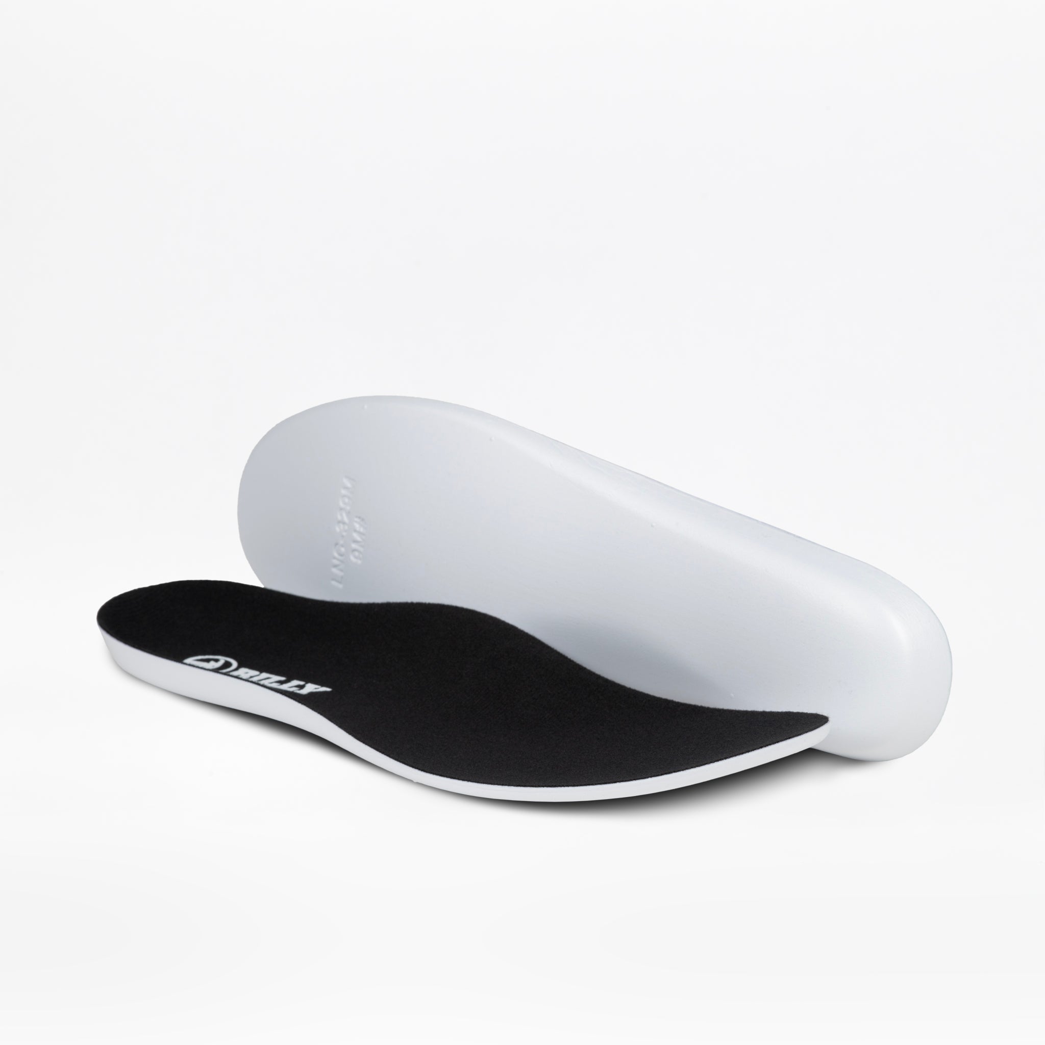 A pair of insoles for the Men's Taupe BILLY Inclusion Trail Boot by BILLY Footwear is pictured on a white background, with one insole flat and the other upright to show the black top and white bottom.