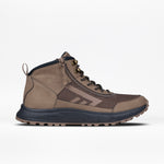 The Men's Taupe BILLY Inclusion Trail Boot by BILLY Footwear is shown in side profile on a white background, featuring taupe and black mesh and leather panels, black laces, a heel loop, and a rugged rubber sole.