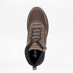 Top view of the Men's Taupe BILLY Inclusion Trail Boot by BILLY Footwear, featuring black and brown laces, gold eyelets, mesh details, a black padded collar, heel pull tab, and easy on/off zipper on a white background.