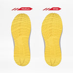 Two yellow soles for the Men's Charcoal/Yellow BILLY Inclusion Trail by BILLY Footwear are side by side on a white background. The left, labeled Medium, is narrower; the right, labeled Wide, is broader. Both have similar tread patterns.