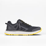 The Men's Inclusion Trail by BILLY Footwear in Charcoal/Yellow features a breathable mesh upper, black and yellow laces, white midsole, and bright yellow outsole for hiking-inspired style. Shown on a white background.