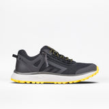 The Men's Inclusion Trail by BILLY Footwear in Charcoal/Yellow features a breathable mesh upper, black and yellow laces, white midsole, and bright yellow outsole for hiking-inspired style. Shown on a white background.