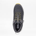 The Men's Charcoal/Yellow BILLY Inclusion Trail by BILLY Footwear is a dark gray athletic shoe seen from above, with yellow accents, mesh upper, hiking-style details, yellow-black laces, heel pull tab, and "INCLUSION" on the tongue.