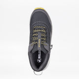 The Men's Charcoal/Yellow BILLY Inclusion Trail by BILLY Footwear is a dark gray athletic shoe seen from above, with yellow accents, mesh upper, hiking-style details, yellow-black laces, heel pull tab, and "INCLUSION" on the tongue.