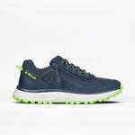 The Men's Navy/Green BILLY Inclusion Trail by BILLY Footwear is a water-resistant trail shoe with mesh and synthetic detailing, lime green accents, a side zipper, "BILLY" on the heel, and a white sole featuring lime green tread.