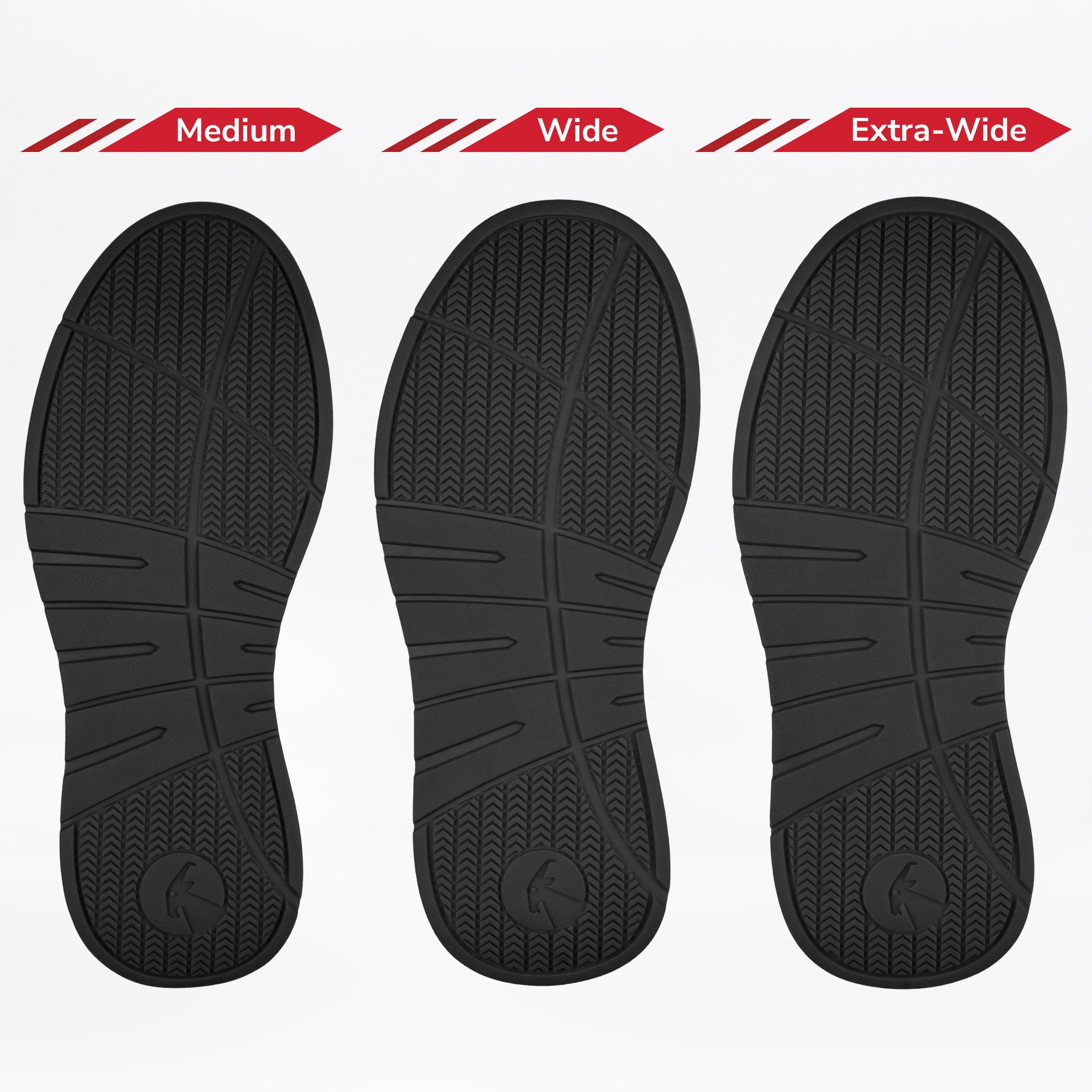 Three black soles of the Men's Black/Charcoal/Black BILLY Comfort DZ High by BILLY Footwear are displayed side by side, labeled Medium, Wide, and Extra-Wide to showcase available width options.