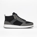 A side view of BILLY Footwear Men's Comfort DZ High in Black/Charcoal, featuring a white sole, black laces, double zippers, and mixed suede and leather. Anatomical arch support offers enhanced comfort against a plain white background.