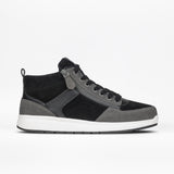 A side view of BILLY Footwear Men's Comfort DZ High in Black/Charcoal, featuring a white sole, black laces, double zippers, and mixed suede and leather. Anatomical arch support offers enhanced comfort against a plain white background.