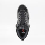 Top view of the Men's Black/Charcoal/Black BILLY Comfort DZ High by BILLY Footwear, featuring gray laces, double zippers, and a BILLY logo on the insole, set against a plain white background.