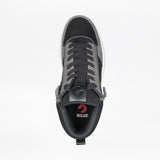 Top view of the Men's Black/Charcoal/Black BILLY Comfort DZ High by BILLY Footwear, featuring gray laces, double zippers, and a BILLY logo on the insole, set against a plain white background.