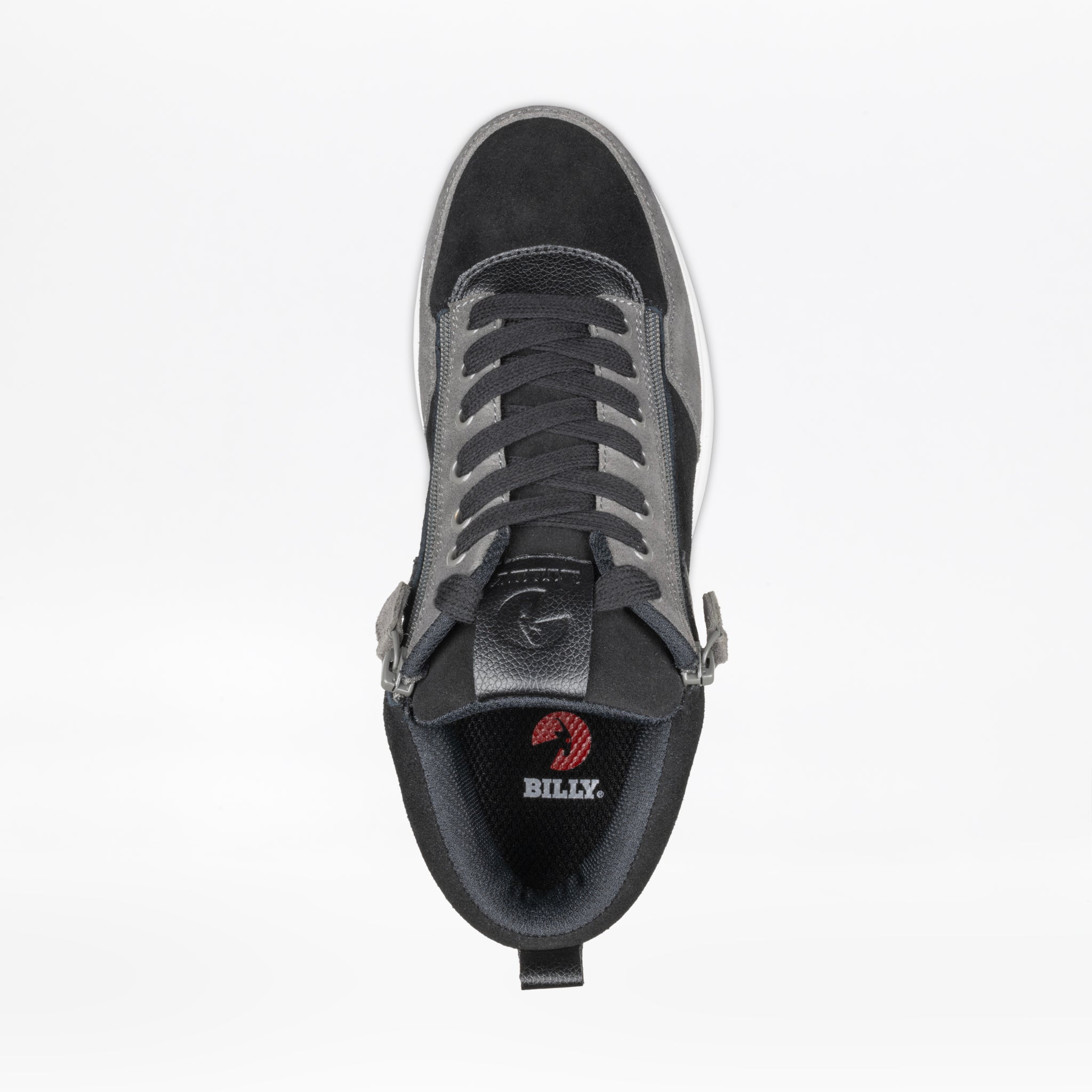 Top view of the Men's Black/Charcoal/Black BILLY Comfort DZ High by BILLY Footwear, featuring gray laces, double zippers, and a BILLY logo on the insole, set against a plain white background.