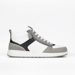 The BILLY Footwear Men's Comfort DZ High sneaker in White/Grey features a white upper, gray suede toe and heel accents, black details, double zipper design, white laces, and a light gray sole—shown in side profile on a plain white background.