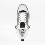 Top view of the Men's White/Grey/Black BILLY Comfort DZ High by BILLY Footwear, featuring black accents, white laces, double side zippers, and comfy insoles with a red BILLY logo and shoe graphic.