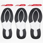 Three Men's Black BILLY Limitless soles from BILLY Footwear are shown side by side in Medium, Wide, and Extra-Wide, increasing in width to highlight easy-on/easy-off adjustable depth sneakers for a superior fit.