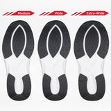 Three Men's Black BILLY Limitless soles from BILLY Footwear are shown side by side in Medium, Wide, and Extra-Wide, increasing in width to highlight easy-on/easy-off adjustable depth sneakers for a superior fit.