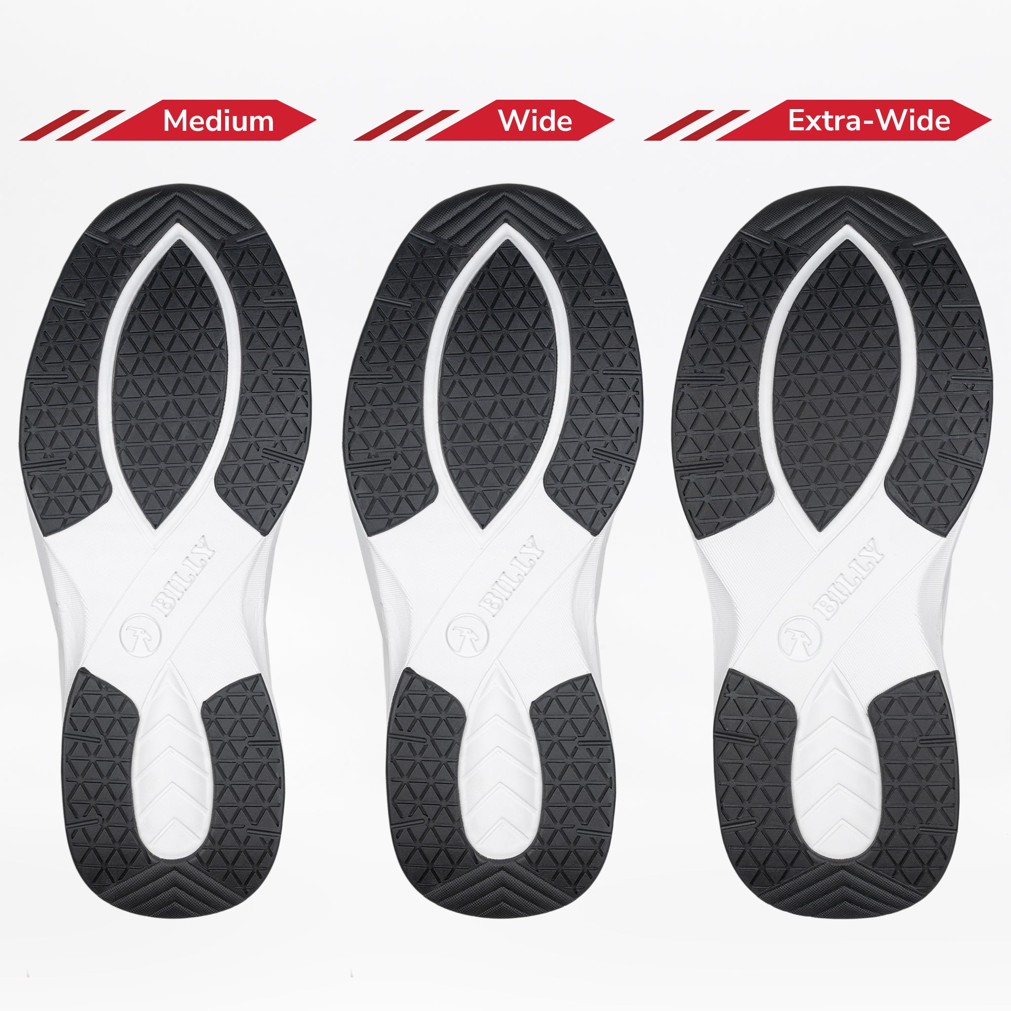Three Men's Black BILLY Limitless soles from BILLY Footwear are shown side by side in Medium, Wide, and Extra-Wide, increasing in width to highlight easy-on/easy-off adjustable depth sneakers for a superior fit.