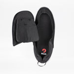 Top view of the Men's Black BILLY Limitless by BILLY Footwear with the front unzipped to show the interior and red logo insole. Its textured fabric and circular heel pull tab highlight an easy-on/easy-off design.