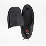 Top view of the Men's Black BILLY Limitless by BILLY Footwear with the front unzipped to show the interior and red logo insole. Its textured fabric and circular heel pull tab highlight an easy-on/easy-off design.